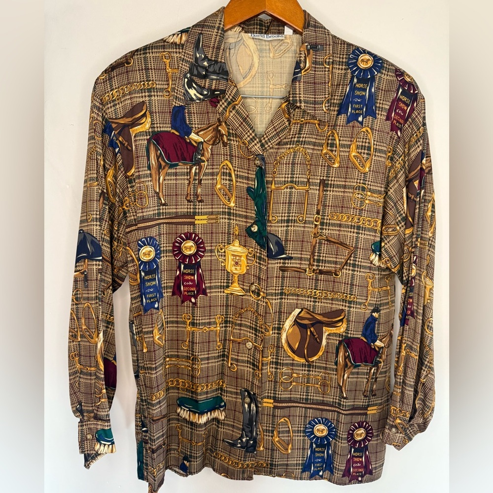 Vtg Equestrian Women’s 10 Horse Horseshow Print Long-Sleeve Shirt David Brooks